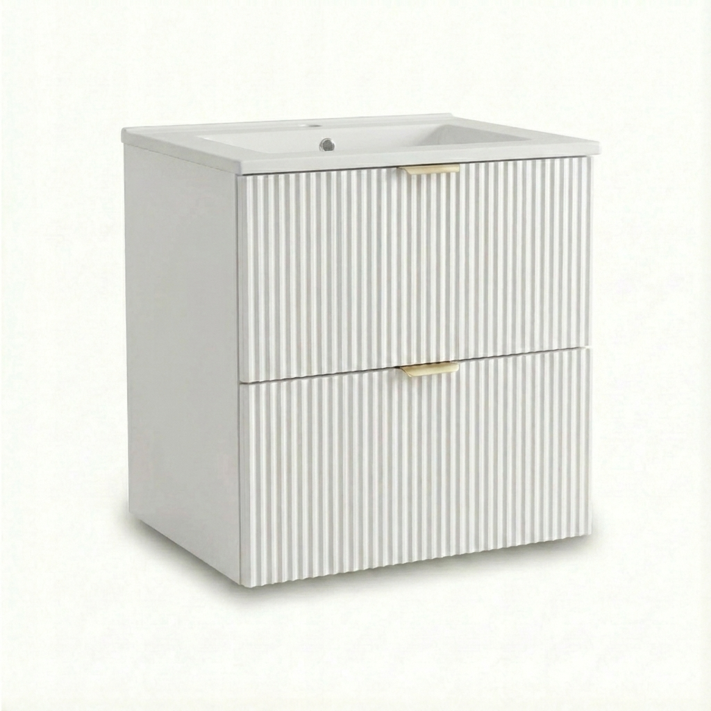Waschtischunterschrank Willy 60 cm in Weiß mit integriertem Keramikwaschbecken. Modernes Badmöbel mit geriffelten Fronten, zwei Soft-Close-Schubladen und wählbaren Metallgriffen.