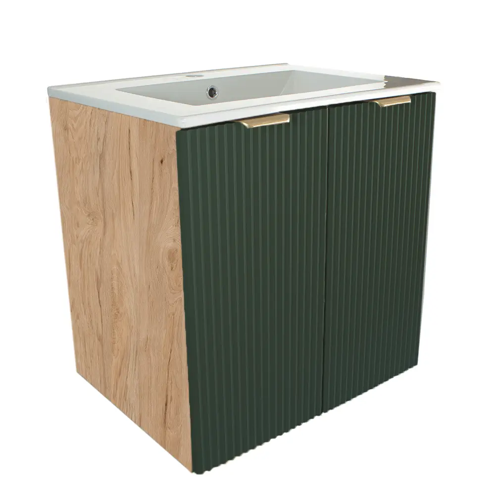 Waschtischunterschrank 60 cm mit gerillten Salbei-Fronten, Walnuss-Korpus, Keramikwaschbecken und Griffen in Schwarz oder Gold.