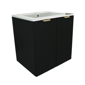 Waschtischunterschrank 60 cm in Schwarz mit gerillten Fronten, eingelassenem Keramik-Waschbecken und Griffen in Schwarz oder Gold – Modell Willy.
