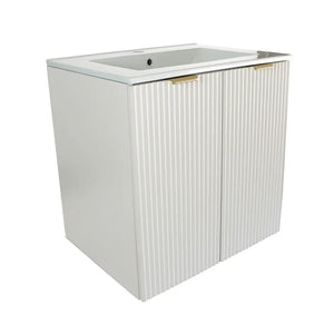 Weißer Waschtischunterschrank 60 cm mit gerillten Fronten, Keramik-Waschbecken und Griffen in Schwarz oder Gold – Modell Willy mit 2 Türen.