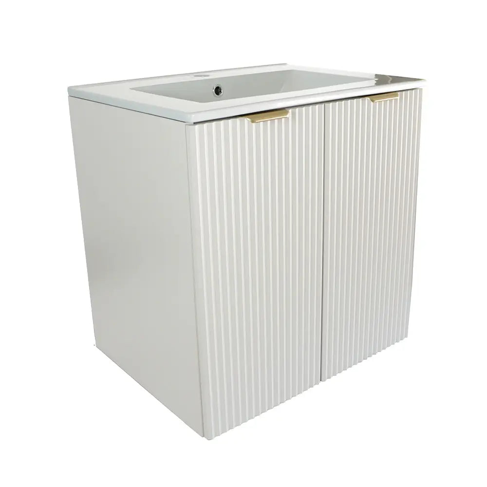 Weißer Waschtischunterschrank 60 cm mit gerillten Fronten, Keramik-Waschbecken und Griffen in Schwarz oder Gold – Modell Willy mit 2 Türen.