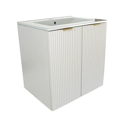 Weißer Waschtischunterschrank 60 cm mit gerillten Fronten, Keramik-Waschbecken und Griffen in Schwarz oder Gold – Modell Willy mit 2 Türen.