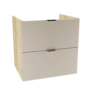 Waschtischunterschrank Orio 60 cm Kaschmir-Front, Eiche Artisan-Seiten, 2 Soft-Close Schubladen mit Syphonausschnitt – eleganter Badunterschrank.