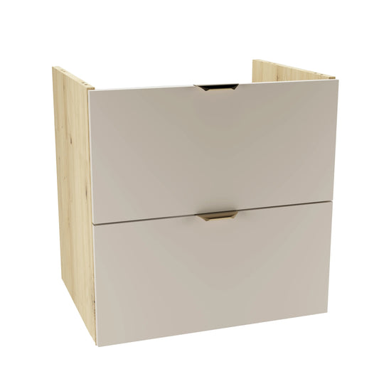 Waschtischunterschrank Orio 60 cm Kaschmir-Front, Eiche Artisan-Seiten, 2 Soft-Close Schubladen mit Syphonausschnitt – eleganter Badunterschrank.