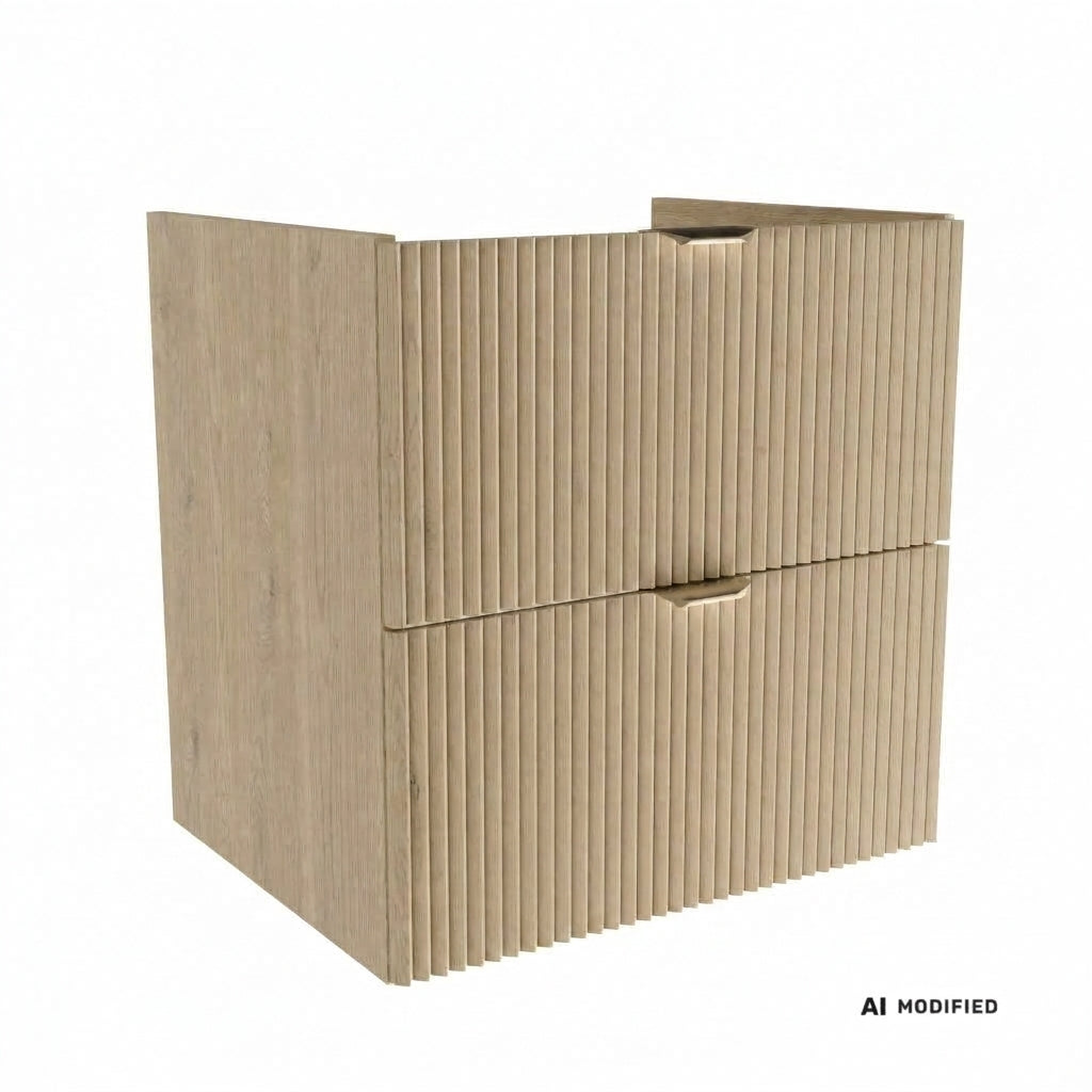 Waschtischunterschrank Willy 60 cm mit 2 Schubladen, geriffelten MDF-Fronten und Siphonausschnitt in Eiche Cremona