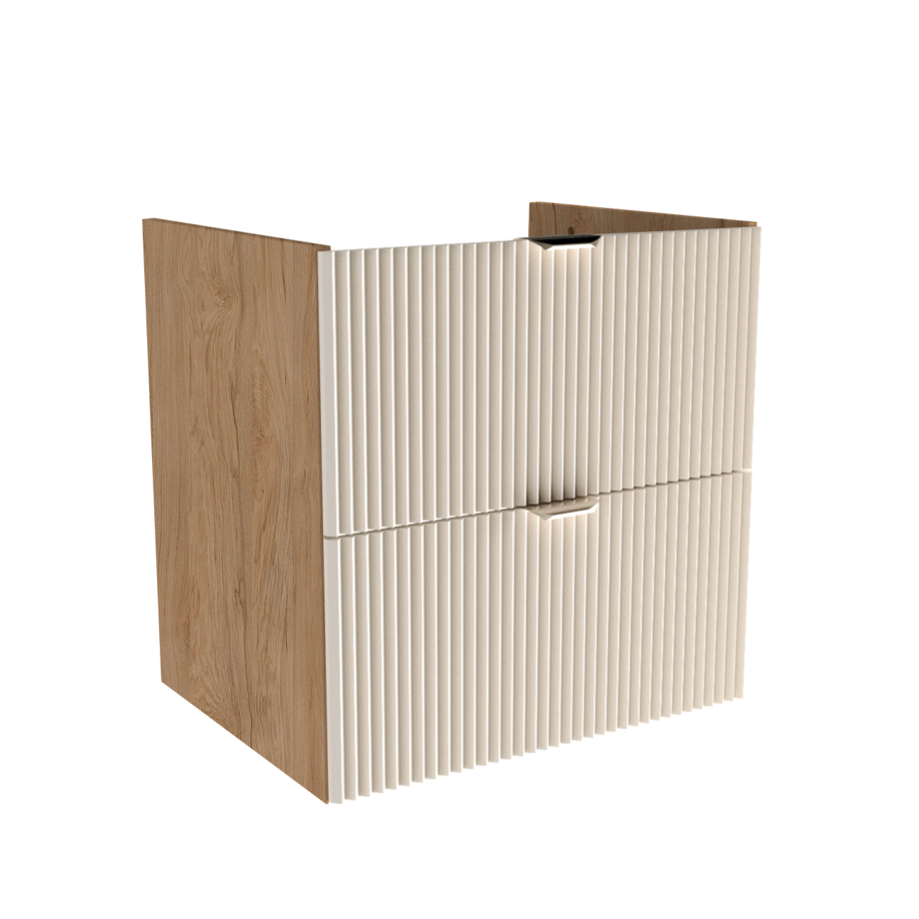 Waschtischunterschrank 60 cm mit gerillten Fronten in Kaschmir, Korpus in Walnuss, zwei Soft-Close-Schubladen, ohne Oberplatte, mit Metallgriffen.