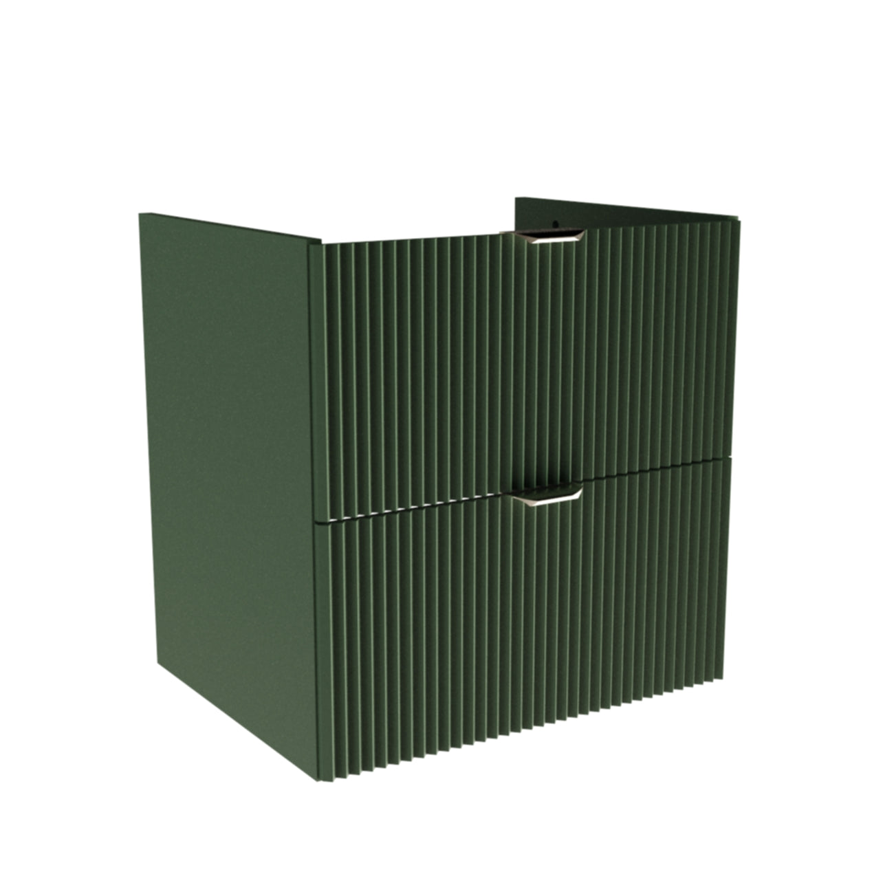 Waschtischunterschrank 60 cm komplett in Salbei mit gerillten Fronten, zwei Soft-Close-Schubladen, ohne Oberplatte, goldene oder schwarze Griffe.