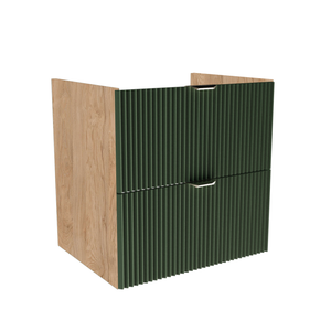 Waschtischunterschrank 60 cm mit gerillten Fronten in Salbei und Korpus in Walnuss, zwei Soft-Close-Schubladen, ohne Oberplatte, mit Metallgriffen.
