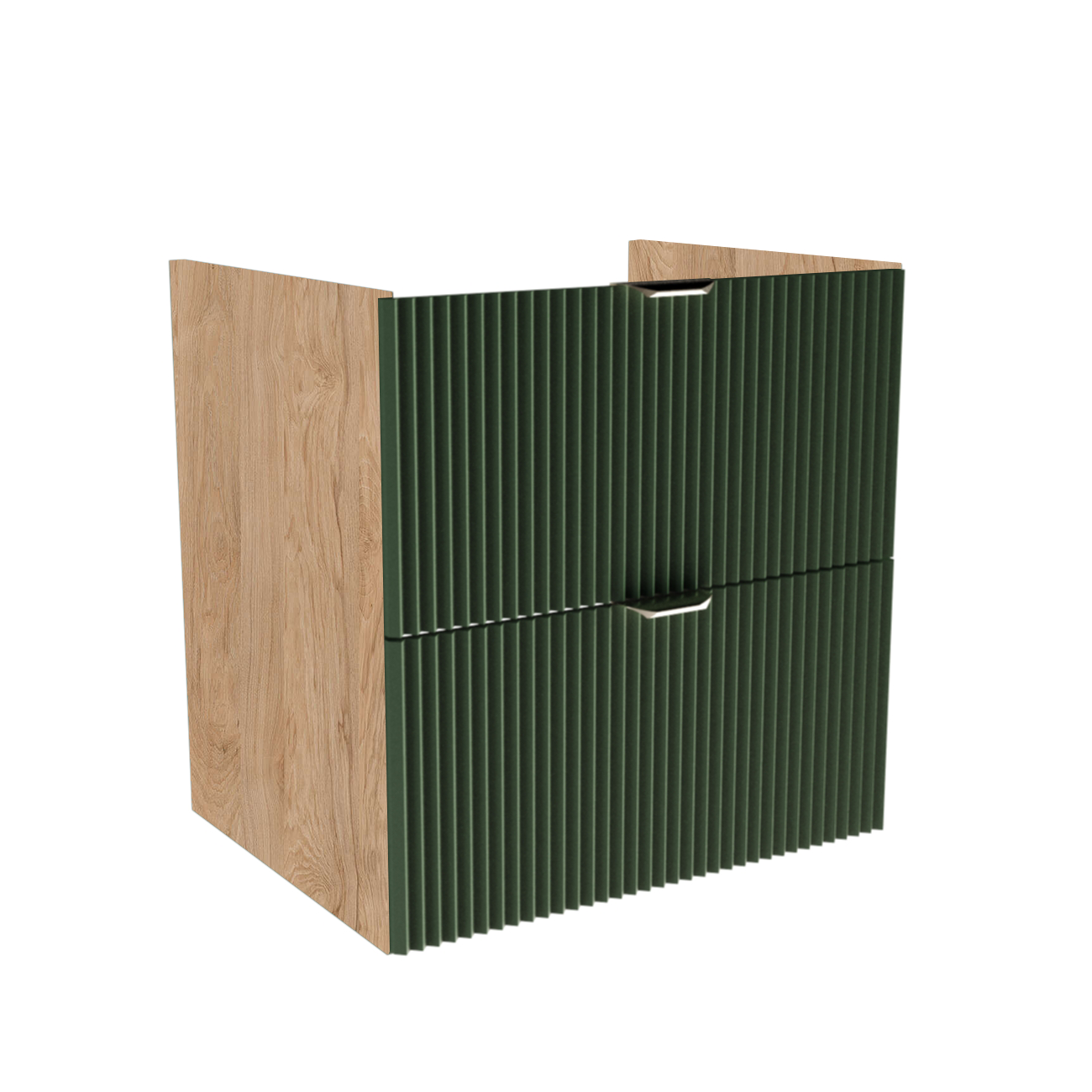 Waschtischunterschrank 60 cm mit gerillten Fronten in Salbei und Korpus in Walnuss, zwei Soft-Close-Schubladen, ohne Oberplatte, mit Metallgriffen.