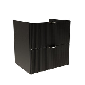 Waschtischunterschrank 60 cm in Schwarz, gerillte Fronten, zwei Soft-Close-Schubladen, Metallgriffe in Gold oder Schwarz, ohne Oberplatte.