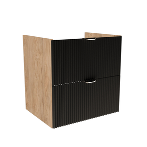 Waschtischunterschrank Willy 60 cm breit in Schwarz/Walnuss – 2 Soft-Close-Schubladen, vertikal gerillte Fronten, wählbare Metallgriffe in Gold oder Schwarz, ohne Oberplatte, modernes und kontrastreiches Möbel für stilbewusste Badezimmer.