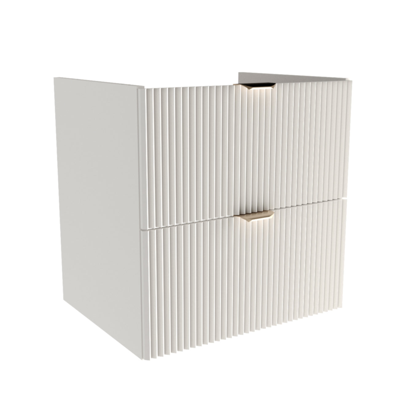 Moderner Waschtischunterschrank 60 cm in Weiß mit 2 Soft-Close-Schubladen, Rillenfront & goldenen oder schwarzen Griffen. Ohne Oberplatte.