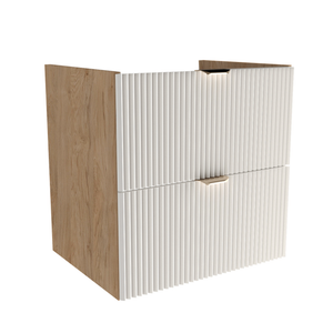 Waschtischunterschrank Willy 60 cm breit in Weiß/Walnuss – 2 Soft-Close-Schubladen, wählbare Metallgriffe in Gold oder Schwarz, ohne Oberplatte, modernes und natürliches Möbel für stilvolle Badezimmer.