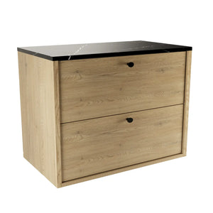 Belino Waschtischunterschrank 80 cm in Eiche Cremona mit Marmor Schwarz Arbeitsplatte, glatte Fronten, Metallgriffe schwarz oder gold.