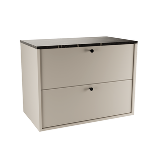 Belino Waschtischunterschrank 80 cm in Kaschmir mit Marmor Schwarz Arbeitsplatte, glatte Fronten, Metallgriffe schwarz oder gold.