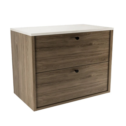 Belino Waschtischunterschrank 80 cm in Walnuss Dunkel mit Marmor Bianco Arbeitsplatte, glatte Fronten, Metallgriffe schwarz oder gold.