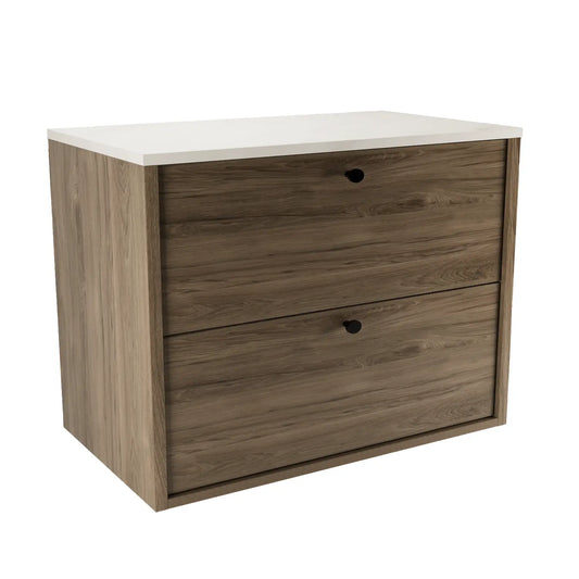 Belino Waschtischunterschrank 80 cm in Walnuss Dunkel mit Marmor Bianco Arbeitsplatte, glatte Fronten, Metallgriffe schwarz oder gold.