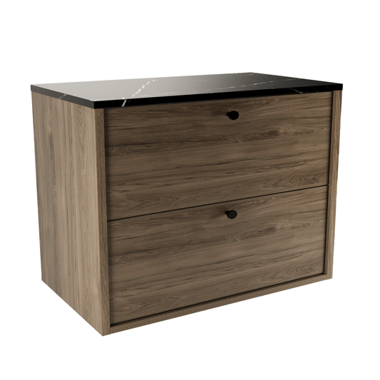 Belino Waschtischunterschrank 80 cm in Walnuss Dunkel mit Marmor Schwarz Arbeitsplatte, glatte Fronten, Metallgriffe schwarz oder gold.