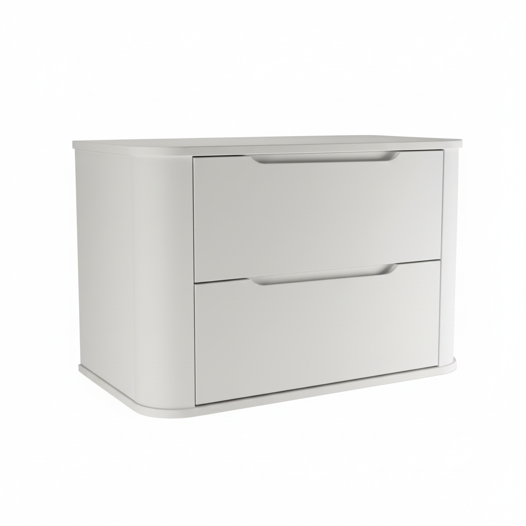 Breiter Waschtischunterschrank Luma 80 cm in Weiß, modern abgerundet mit zwei Schubladen für ein luxuriöses Badezimmer-Interieur.