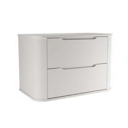 Breiter Waschtischunterschrank Luma 80 cm in Weiß, modern abgerundet mit zwei Schubladen für ein luxuriöses Badezimmer-Interieur.