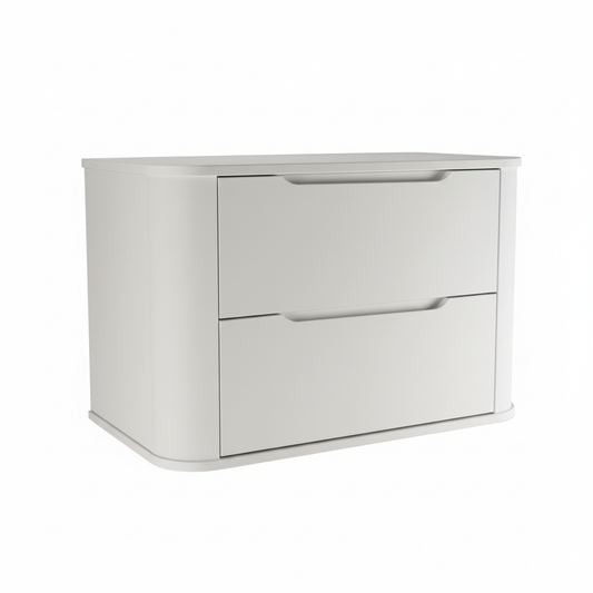 Breiter Waschtischunterschrank Luma 80 cm in Weiß, modern abgerundet mit zwei Schubladen für ein luxuriöses Badezimmer-Interieur.