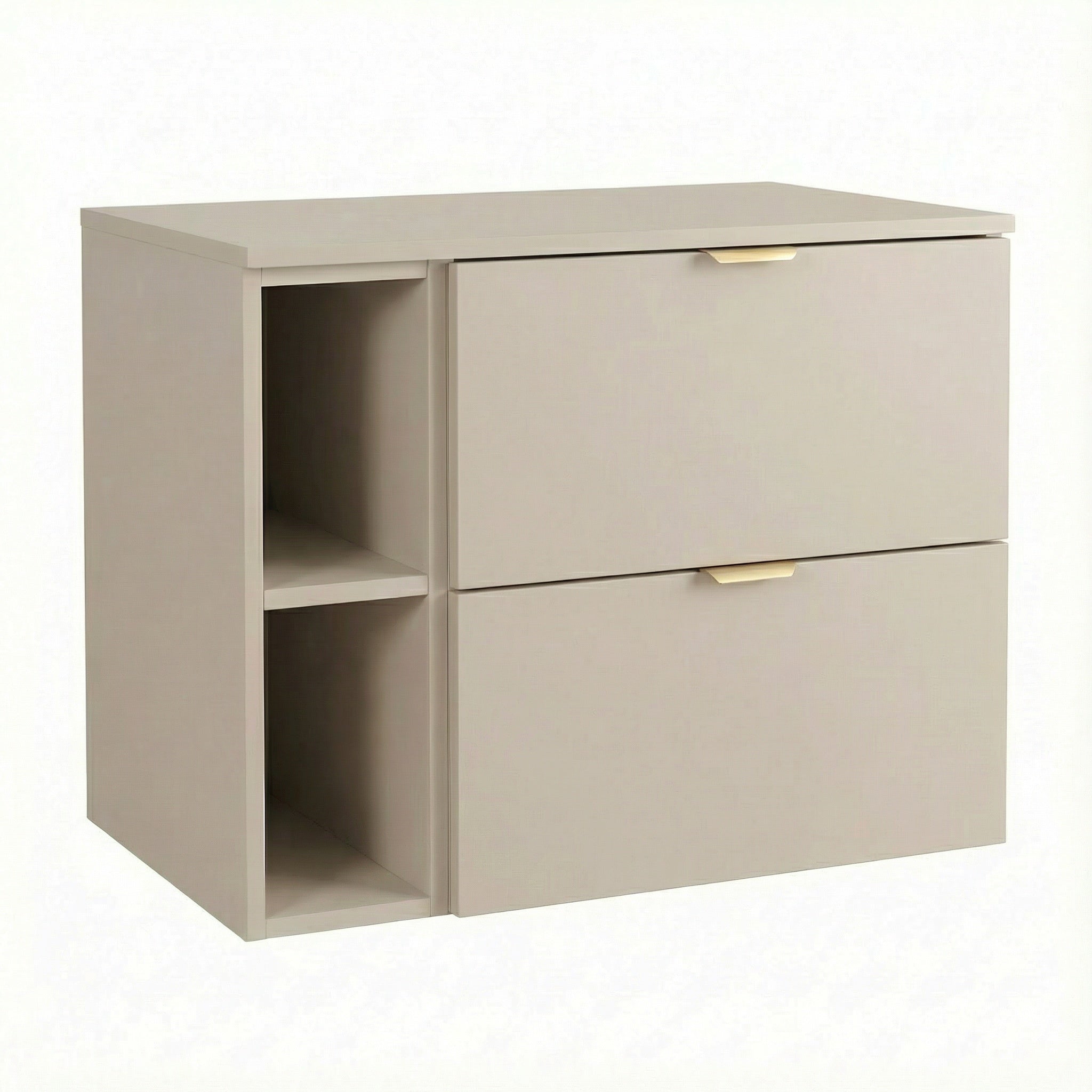 Wandhängender Waschbeckenunterschrank Orio (80 cm) in Kaschmir, zwei Schubladen und 20-cm-Regal, goldfarbene Metallgriffe, modernes kompaktes Design für kleine und mittelgroße Badezimmer.