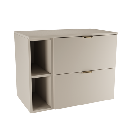 Wandhängender Waschbeckenunterschrank Orio 80 cm im Dekor Kaschmir mit 2 Schubladen, 20-cm-Regal und gebürsteten goldfarbenen Metallgriffen.