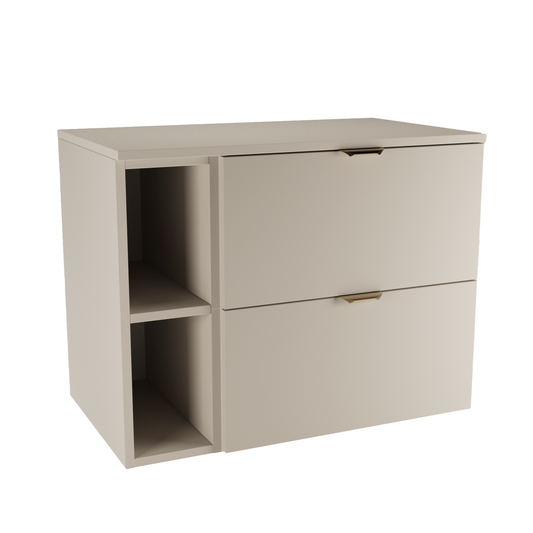 Wandhängender Waschbeckenunterschrank Orio 80 cm im Dekor Kaschmir mit 2 Schubladen, 20-cm-Regal und gebürsteten goldfarbenen Metallgriffen.
