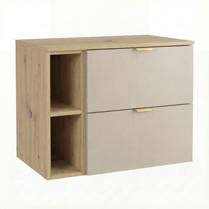 Wandhängender Waschbeckenunterschrank Orio (80 cm) mit Kaschmir-Fronten und Eiche Artisan-Seiten, zwei Schubladen und 20-cm-Regal, goldfarbene Metallgriffe, modernes und warmes Design für Badezimmer.