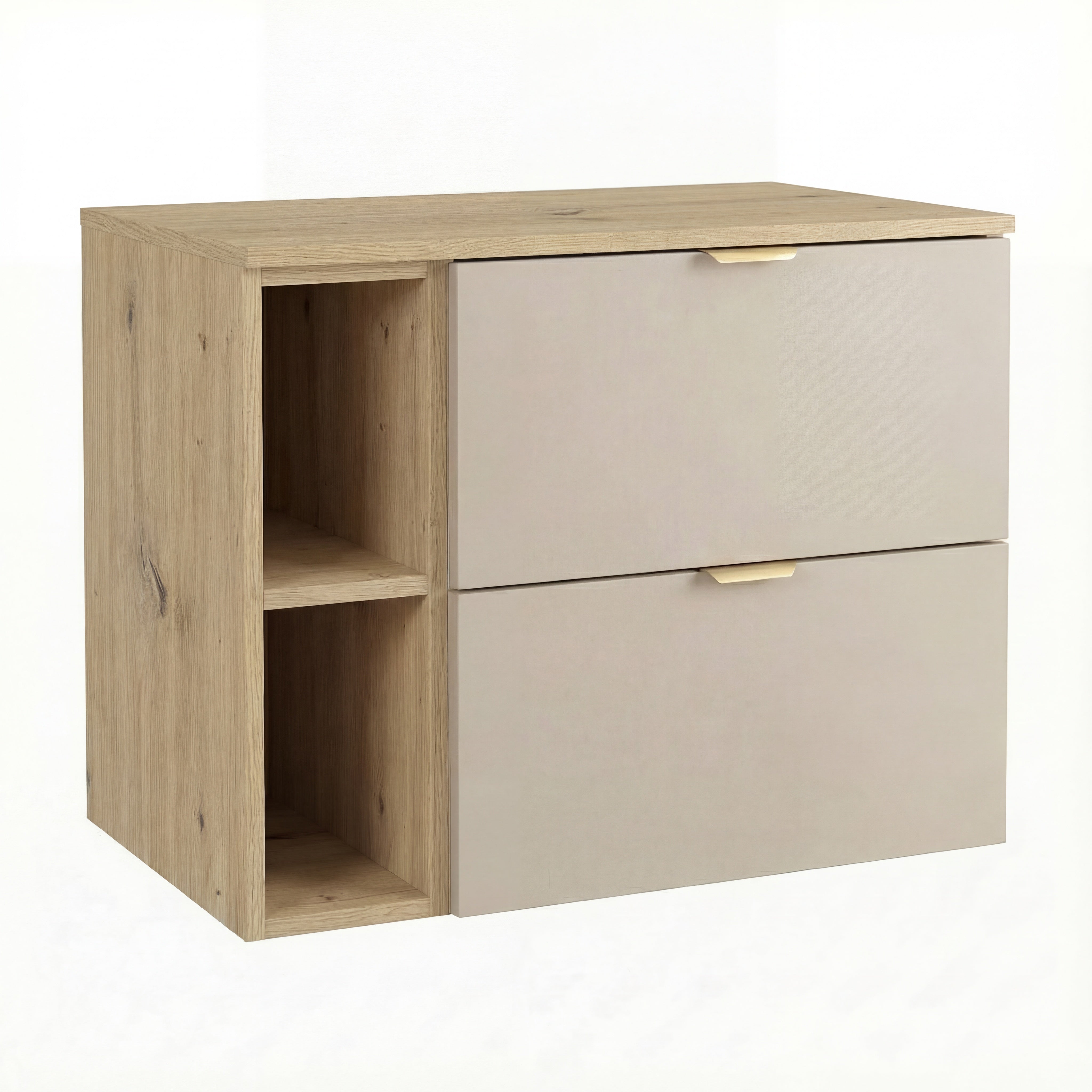 Wandhängender Waschbeckenunterschrank Orio (80 cm) mit Kaschmir-Fronten und Eiche Artisan-Seiten, zwei Schubladen und 20-cm-Regal, goldfarbene Metallgriffe, modernes und warmes Design für Badezimmer.
