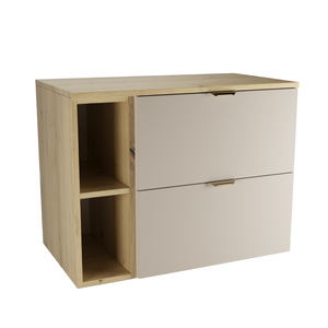 Wandhängender Waschbeckenunterschrank Orio 80 cm im Dekor Eiche Artisan mit 2 Schubladen, 20-cm-Regal und gebürsteten goldfarbenen Metallgriffen.