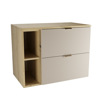 Wandhängender Waschbeckenunterschrank Orio 80 cm im Dekor Eiche Artisan mit 2 Schubladen, 20-cm-Regal und gebürsteten goldfarbenen Metallgriffen.