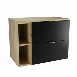 Waschtischunterschrank Orio 80 cm mit zwei Schubladen, Regal und Waschtischplatte in Schwarz und Eiche Artisan, modernes Badezimmermöbel.