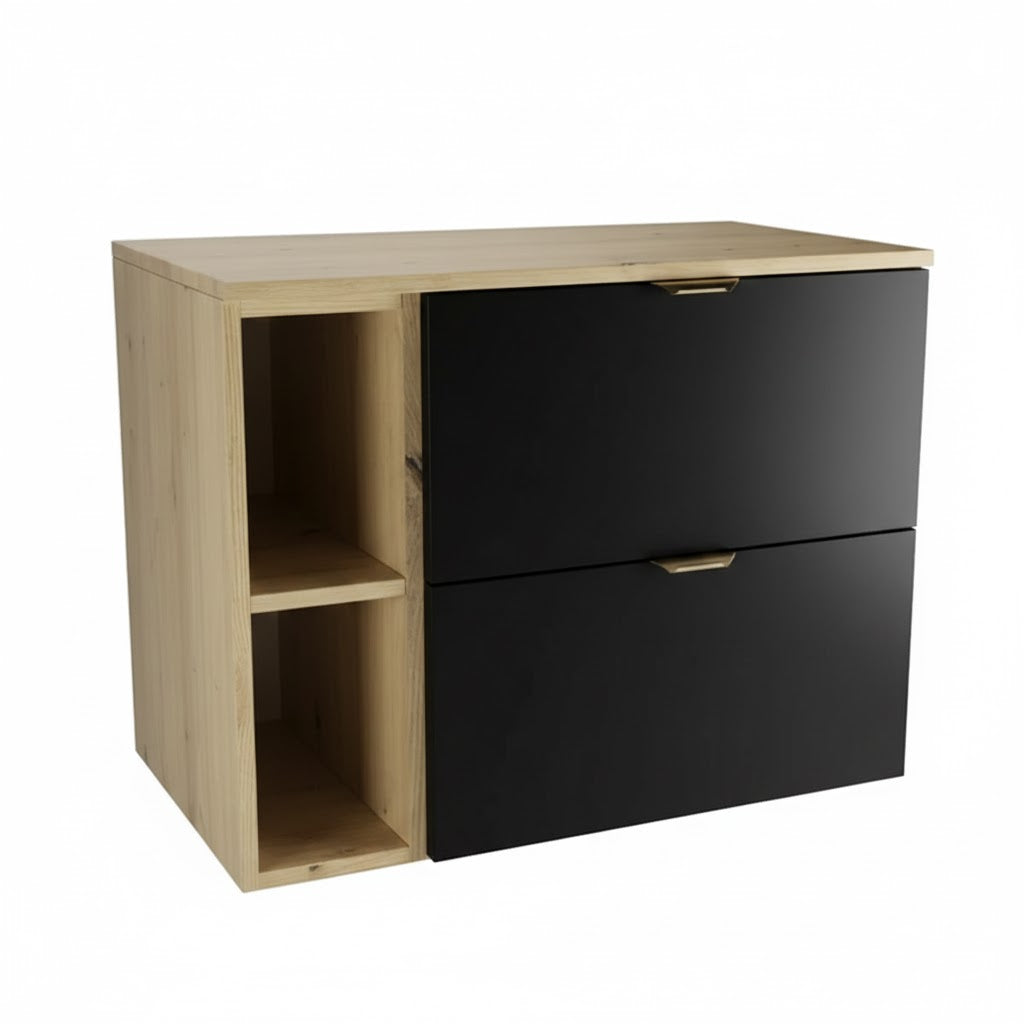 Waschtischunterschrank Orio 80 cm mit zwei Schubladen, Regal und Waschtischplatte in Schwarz und Eiche Artisan, modernes Badezimmermöbel.