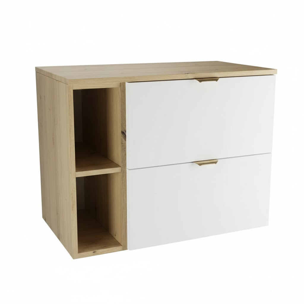 Waschtischunterschrank Orio 80 cm mit zwei Schubladen, Regal und Arbeitsplatte in Weiß und Eiche Artisan, modernes Badezimmermöbel.