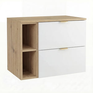 Waschtischunterschrank Orio 80 cm in Weiß/Eiche Artisan – wandhängender Unterschrank mit 2 Schubladen, Soft-Close-System, 20 cm Regalmodul, Arbeitsplatte im Dekor Eiche Artisan, mattierte Fronten und Metallgriffe, ideal für moderne kleine bis mittelgroße Badezimmer.