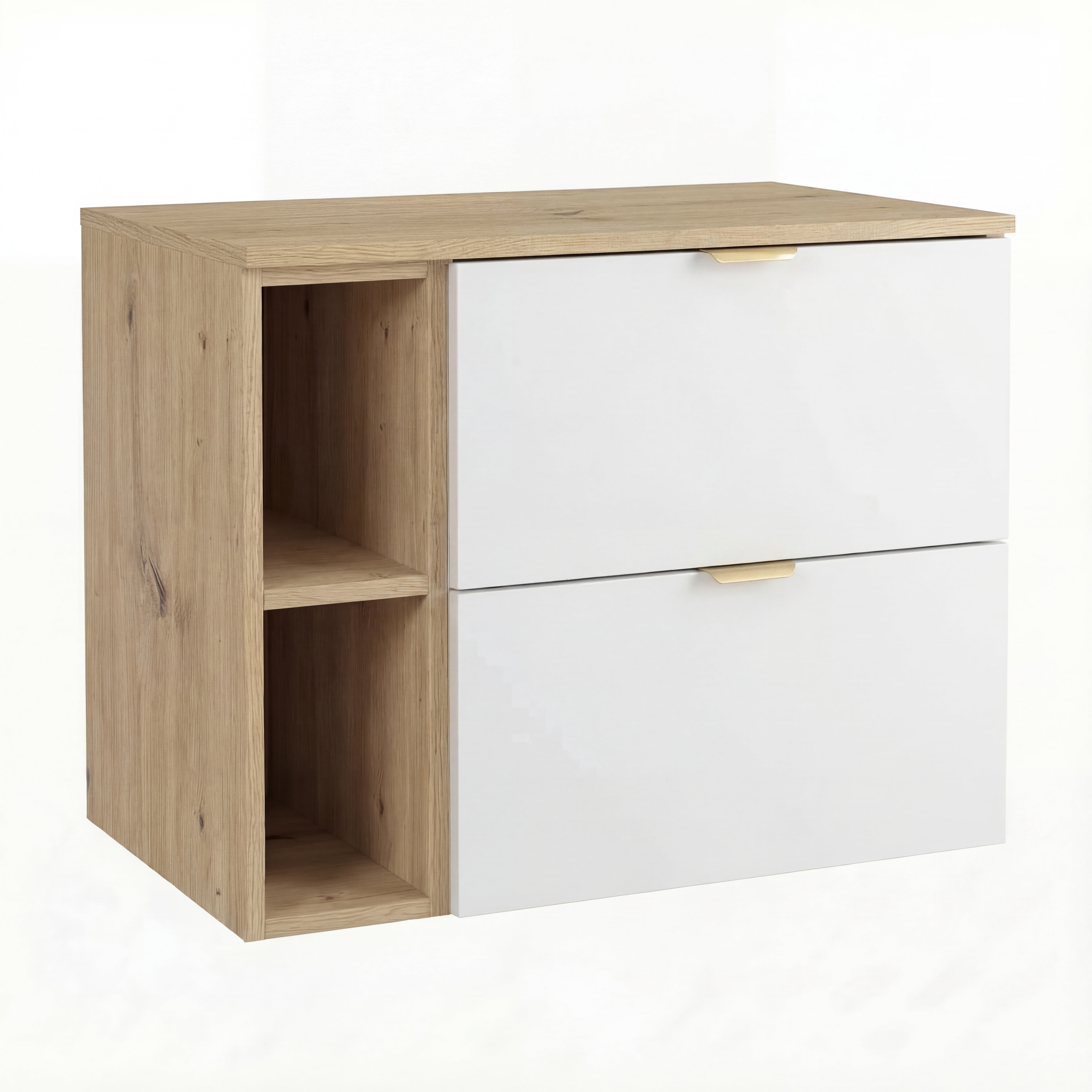 Waschtischunterschrank Orio 80 cm in Weiß/Eiche Artisan – wandhängender Unterschrank mit 2 Schubladen, Soft-Close-System, 20 cm Regalmodul, Arbeitsplatte im Dekor Eiche Artisan, mattierte Fronten und Metallgriffe, ideal für moderne kleine bis mittelgroße Badezimmer.