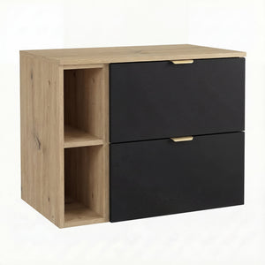 Waschtischunterschrank Orio 80 cm in Schwarz/Eiche Artisan – wandhängender Unterschrank mit 2 Schubladen, Soft-Close-System, Regalmodul, mattierte Fronten und Metallgriffe, ideal für moderne kleine bis mittelgroße Badezimmer.