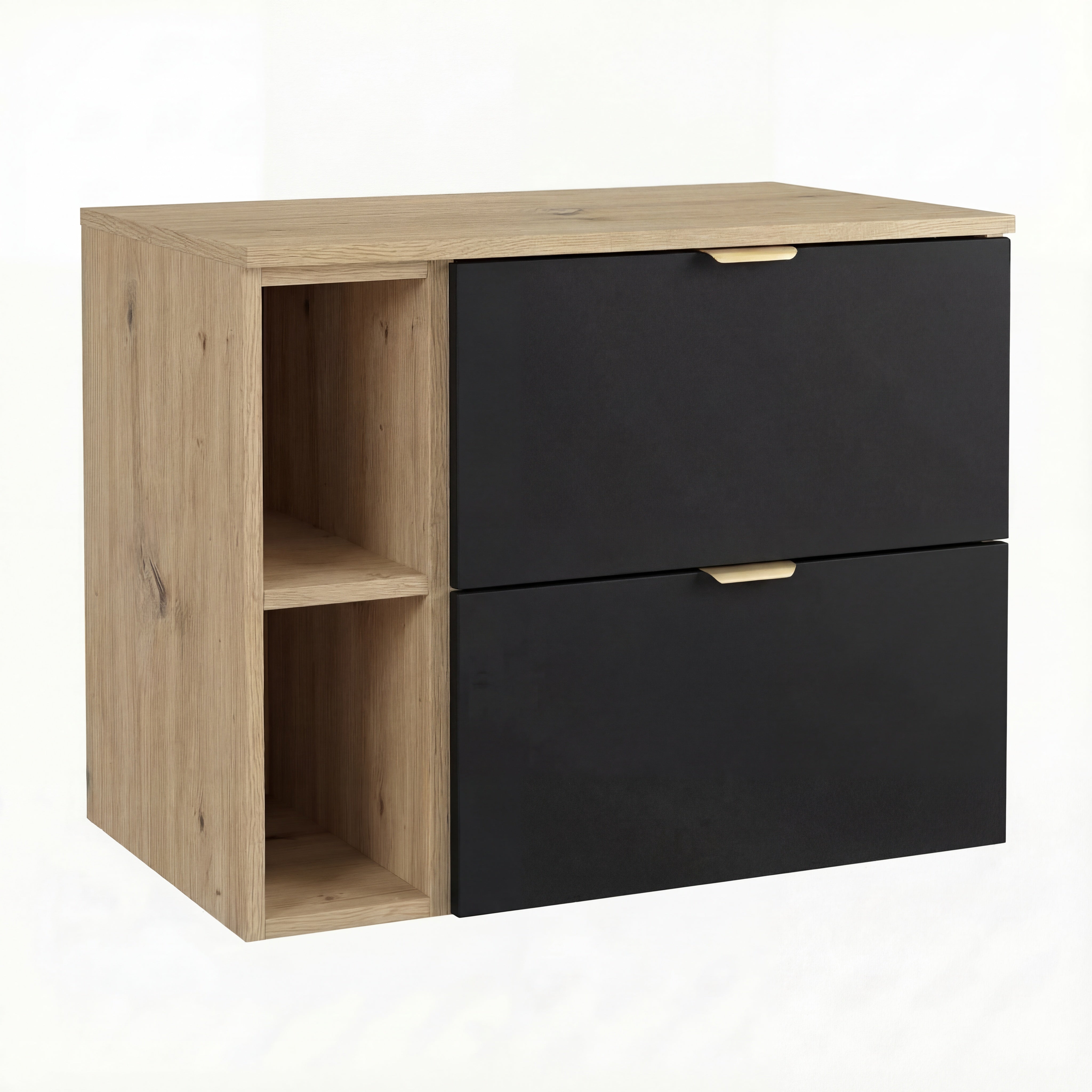 Waschtischunterschrank Orio 80 cm in Schwarz/Eiche Artisan – wandhängender Unterschrank mit 2 Schubladen, Soft-Close-System, Regalmodul, mattierte Fronten und Metallgriffe, ideal für moderne kleine bis mittelgroße Badezimmer.