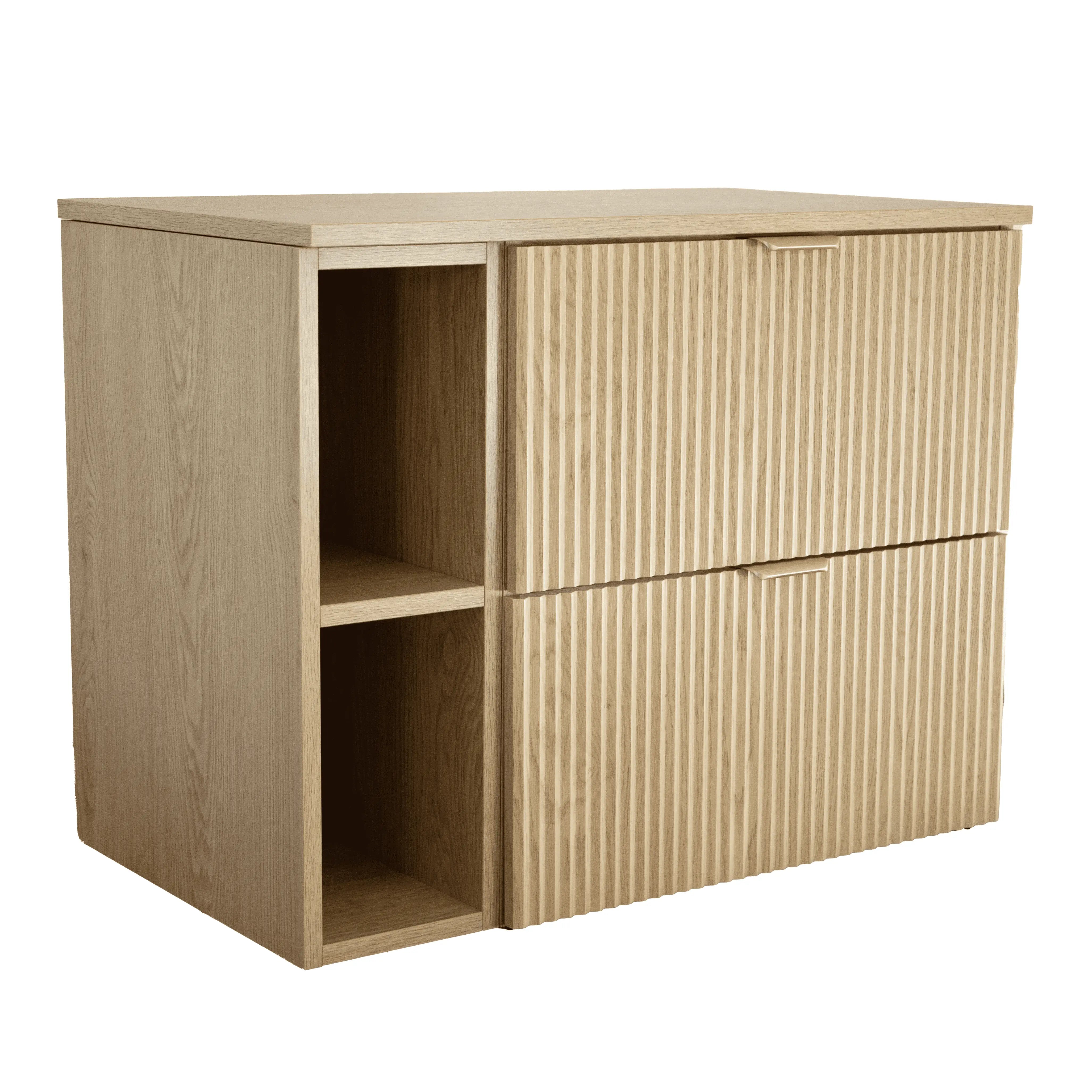 Waschtischunterschrank 80 cm Willy in Eiche Cremona mit Regal, geriffelten Fronten, zwei Soft-Close-Schubladen und eleganten Metallgriffen.