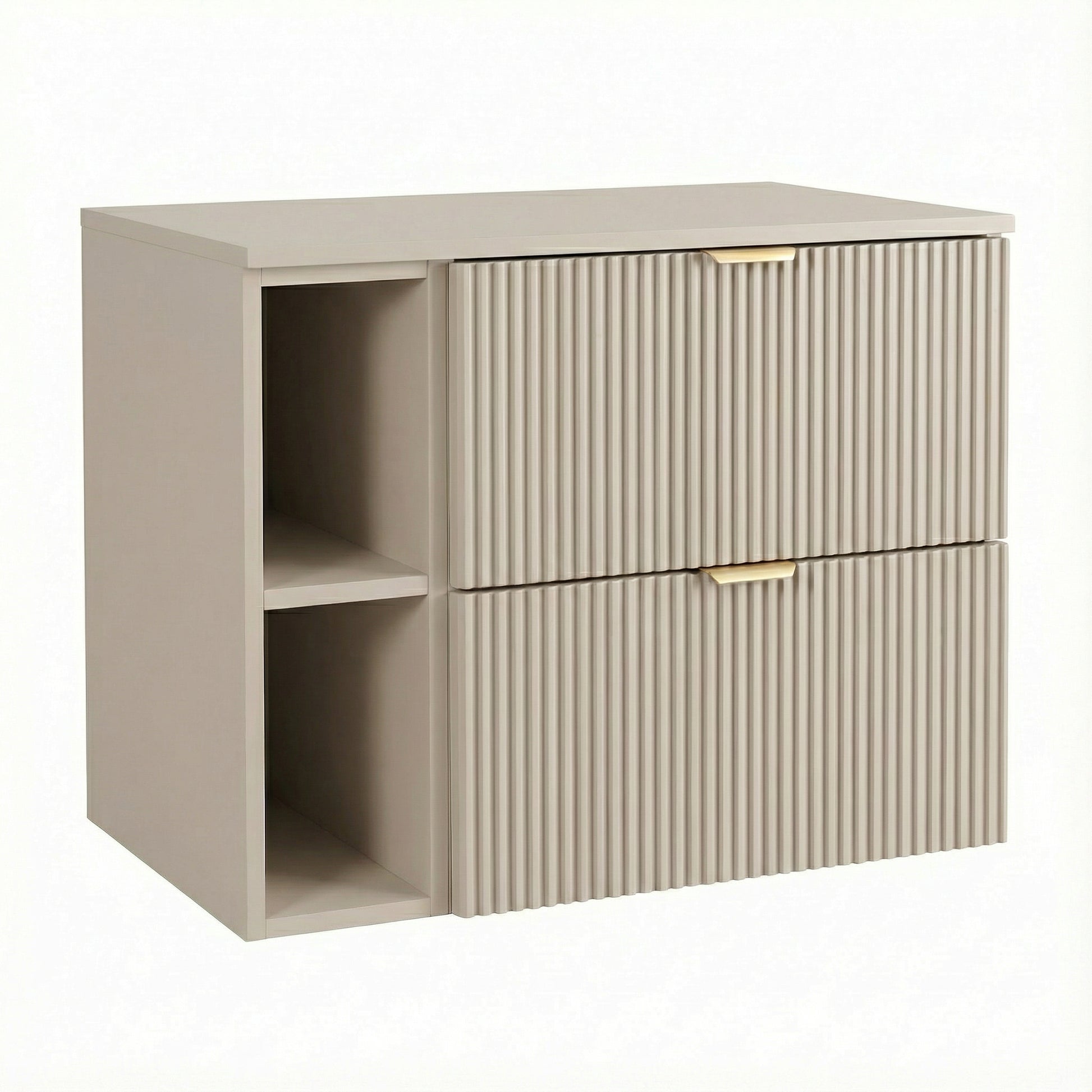 Waschtischunterschrank 80 cm mit Regal Willy in Kaschmir für Badezimmer, geriffelte Fronten, 2 Schubladen SOFT-CLOSE, obere Schublade mit Siphonausschnitt, offenes Regal