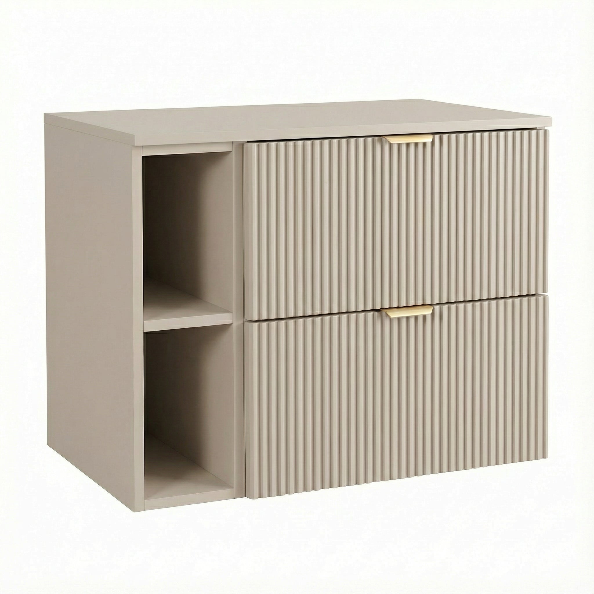 Waschtischunterschrank 80 cm mit Regal Willy in Kaschmir für Badezimmer, geriffelte Fronten, 2 Schubladen SOFT-CLOSE, obere Schublade mit Siphonausschnitt, offenes Regal