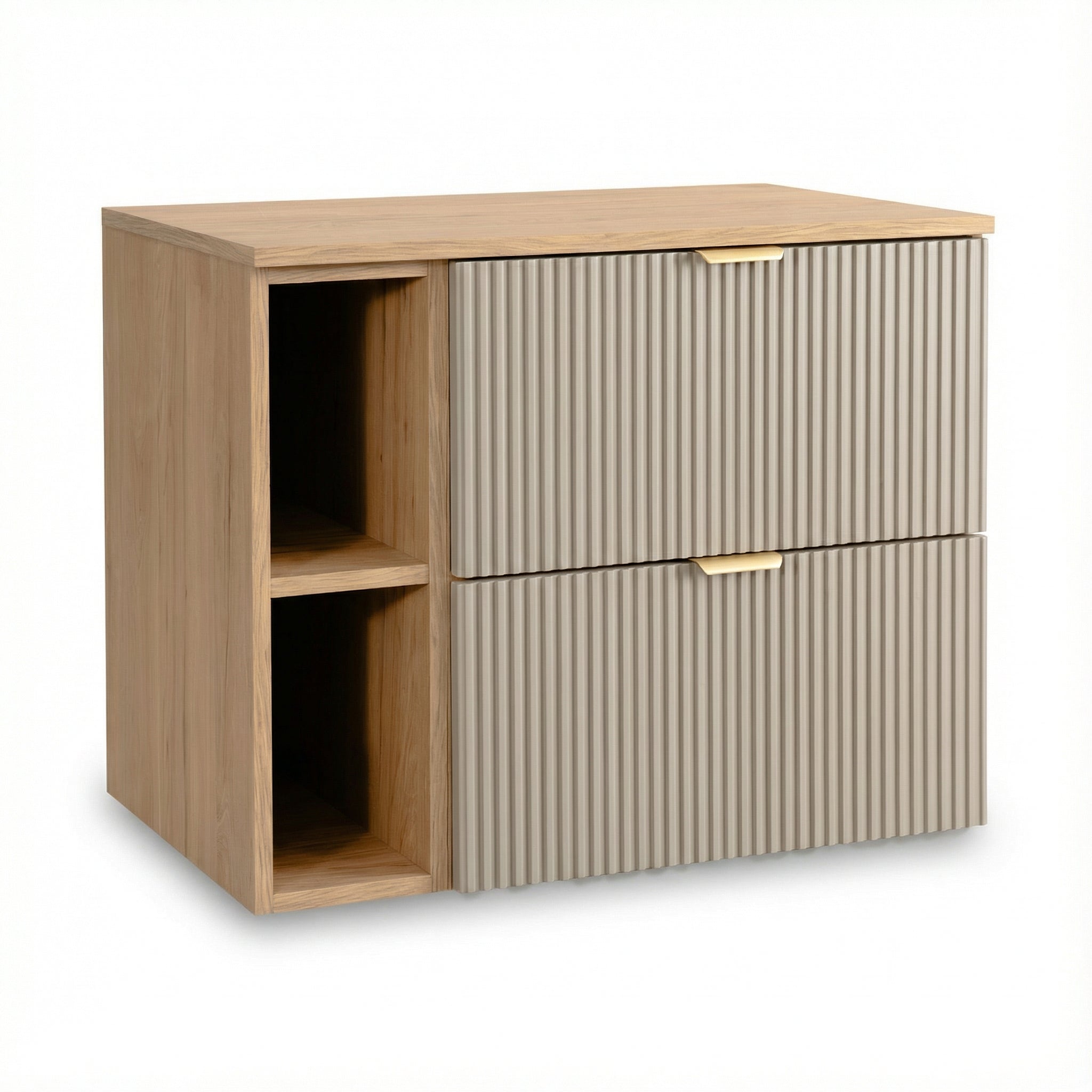 Waschtischunterschrank 80 cm mit Regal Willy in Kaschmir/Walnuss für Badezimmer, geriffelte Fronten, 2 Schubladen SOFT-CLOSE, obere Schublade mit Siphonausschnitt, offenes Regal für zusätzlichen Stauraum