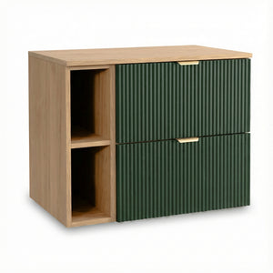 Waschtischunterschrank 80 cm mit Regal Willy in Salbei und Walnuss für Badezimmer, geriffelte Fronten, offenes Regal für zusätzlichen Stauraum, elegantes Design, funktionale Aufbewahrung für Handtücher und Pflegeprodukte