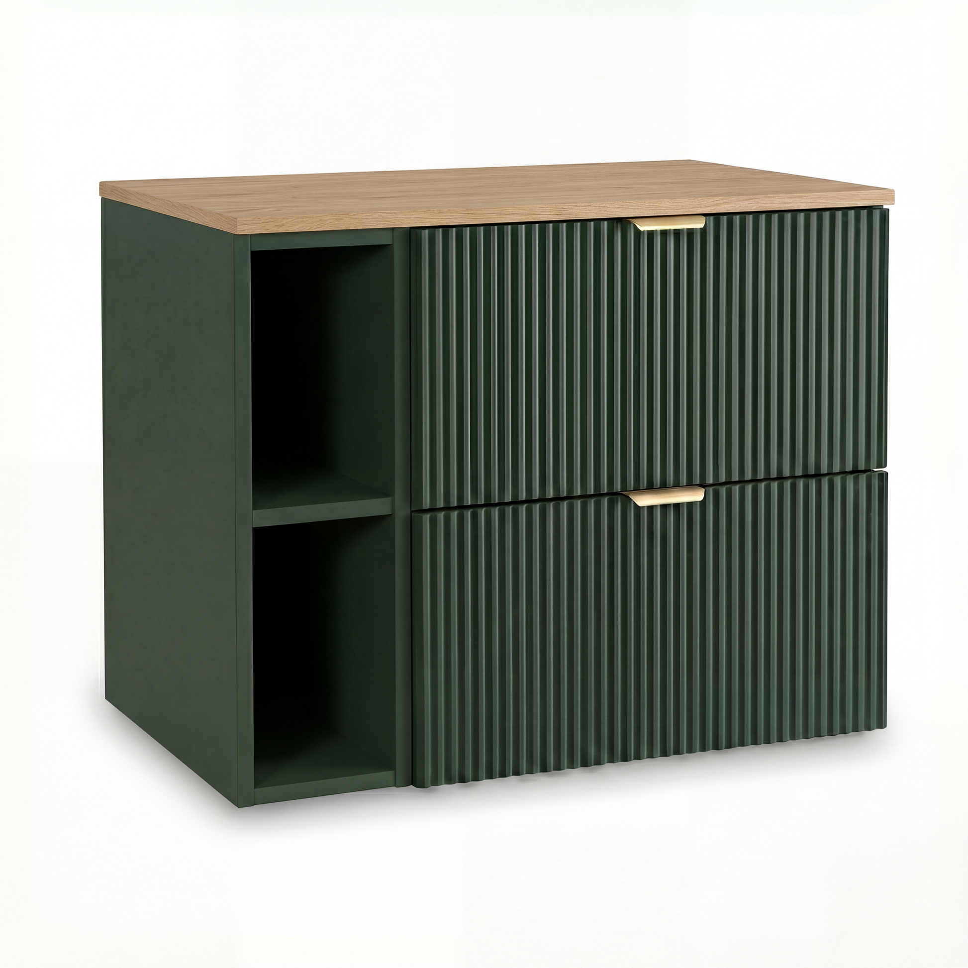 Waschtischunterschrank 80 cm mit Regal Willy in Salbei mit Walnussplatte für Badezimmer, geriffelte Fronten, 2 Schubladen SOFT-CLOSE, obere Schublade mit Siphonausschnitt, offenes Regal für zusätzlichen Stauraum