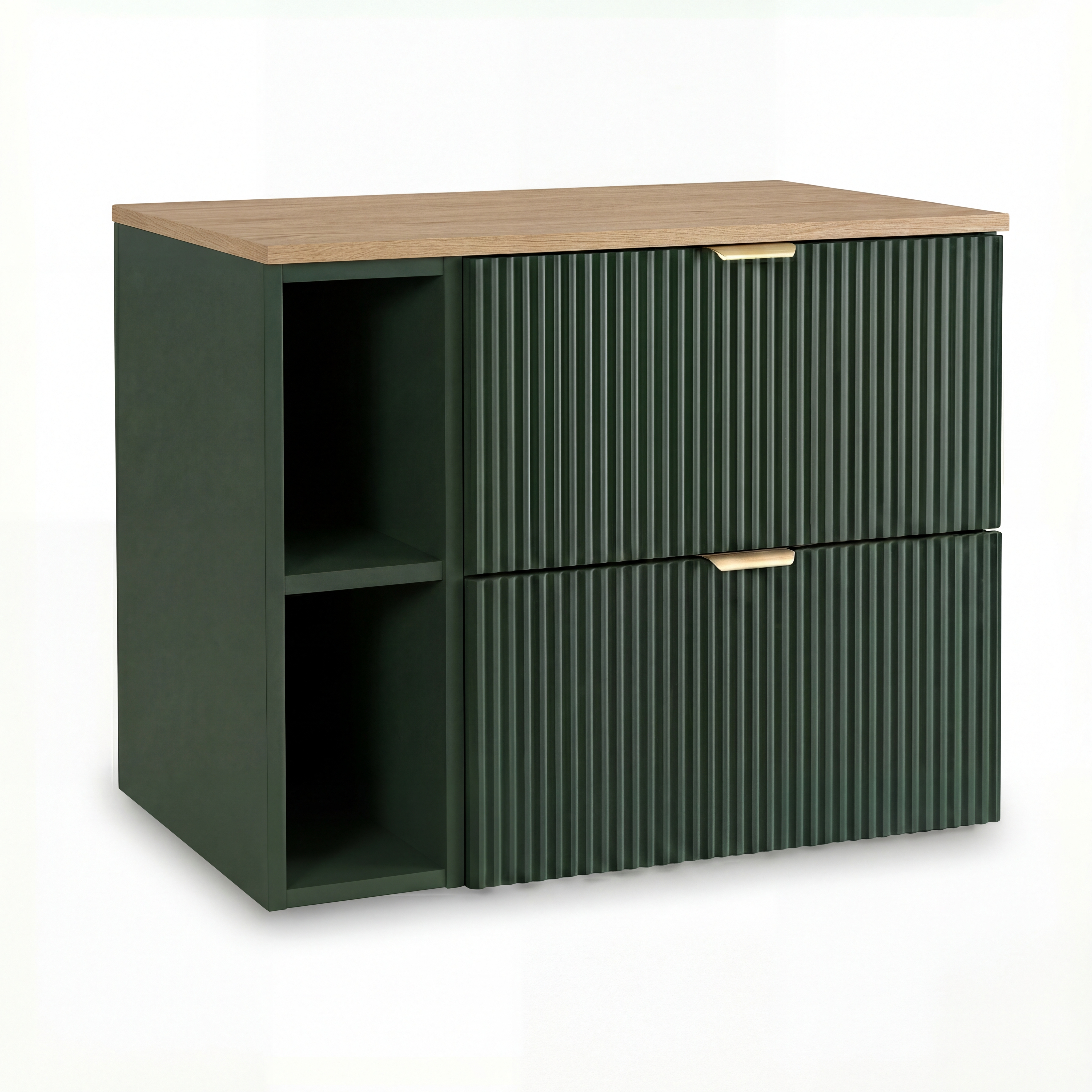 Waschtischunterschrank 80 cm mit Regal Willy in Salbei mit Walnussplatte für Badezimmer, geriffelte Fronten, 2 Schubladen SOFT-CLOSE, obere Schublade mit Siphonausschnitt, offenes Regal für zusätzlichen Stauraum