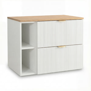 Waschtischunterschrank Willy 80 cm in Weiß mit Walnussplatte und offenem Regal. Modernes Badmöbel mit geriffelten Fronten, zwei Soft-Close-Schubladen und viel Stauraum.