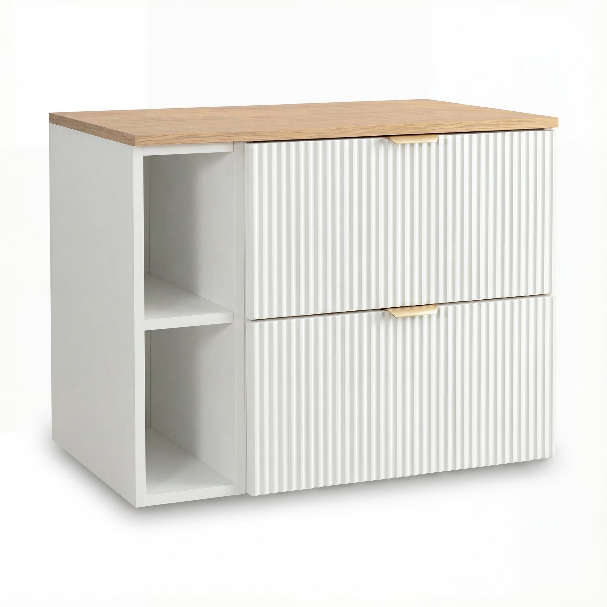 Waschtischunterschrank Willy 80 cm in Weiß mit Walnussplatte und offenem Regal. Modernes Badmöbel mit geriffelten Fronten, zwei Soft-Close-Schubladen und viel Stauraum.
