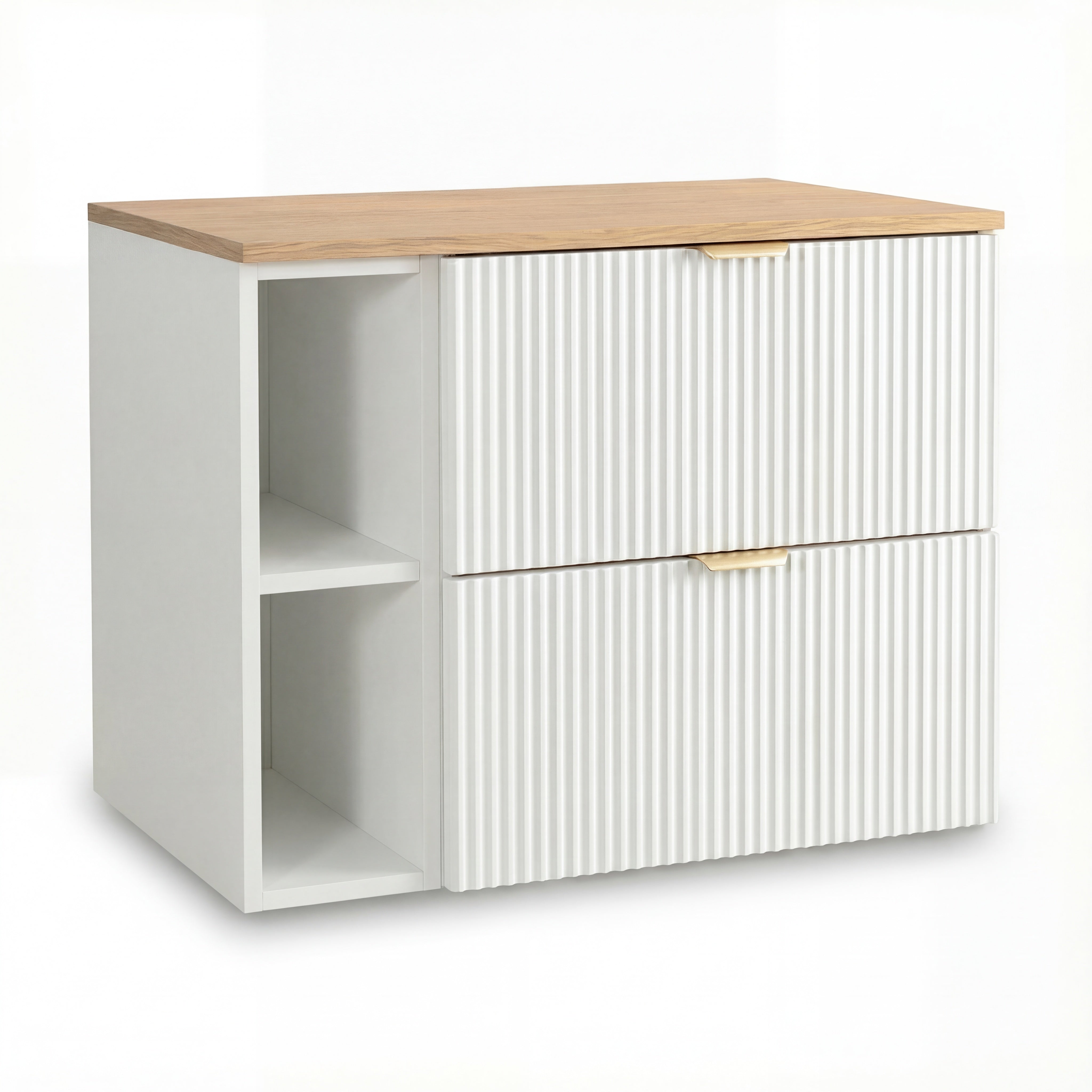 Waschtischunterschrank Willy 80 cm in Weiß mit Walnussplatte und offenem Regal. Modernes Badmöbel mit geriffelten Fronten, zwei Soft-Close-Schubladen und viel Stauraum.