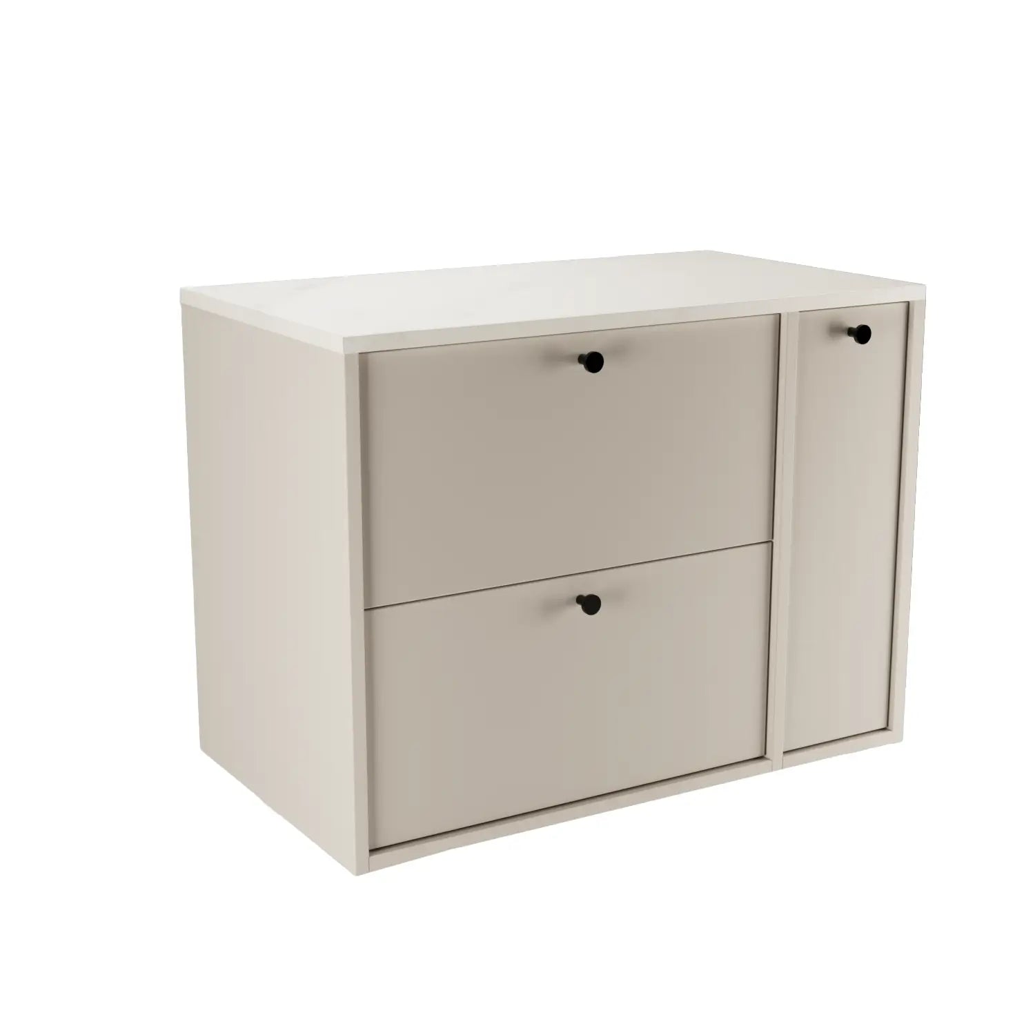 Belino Waschtischunterschrank 80 cm in Kaschmir mit Marmor Bianco Arbeitsplatte, geschlossenes Regal, 2 Schubladen, Metallgriffe schwarz oder gold.